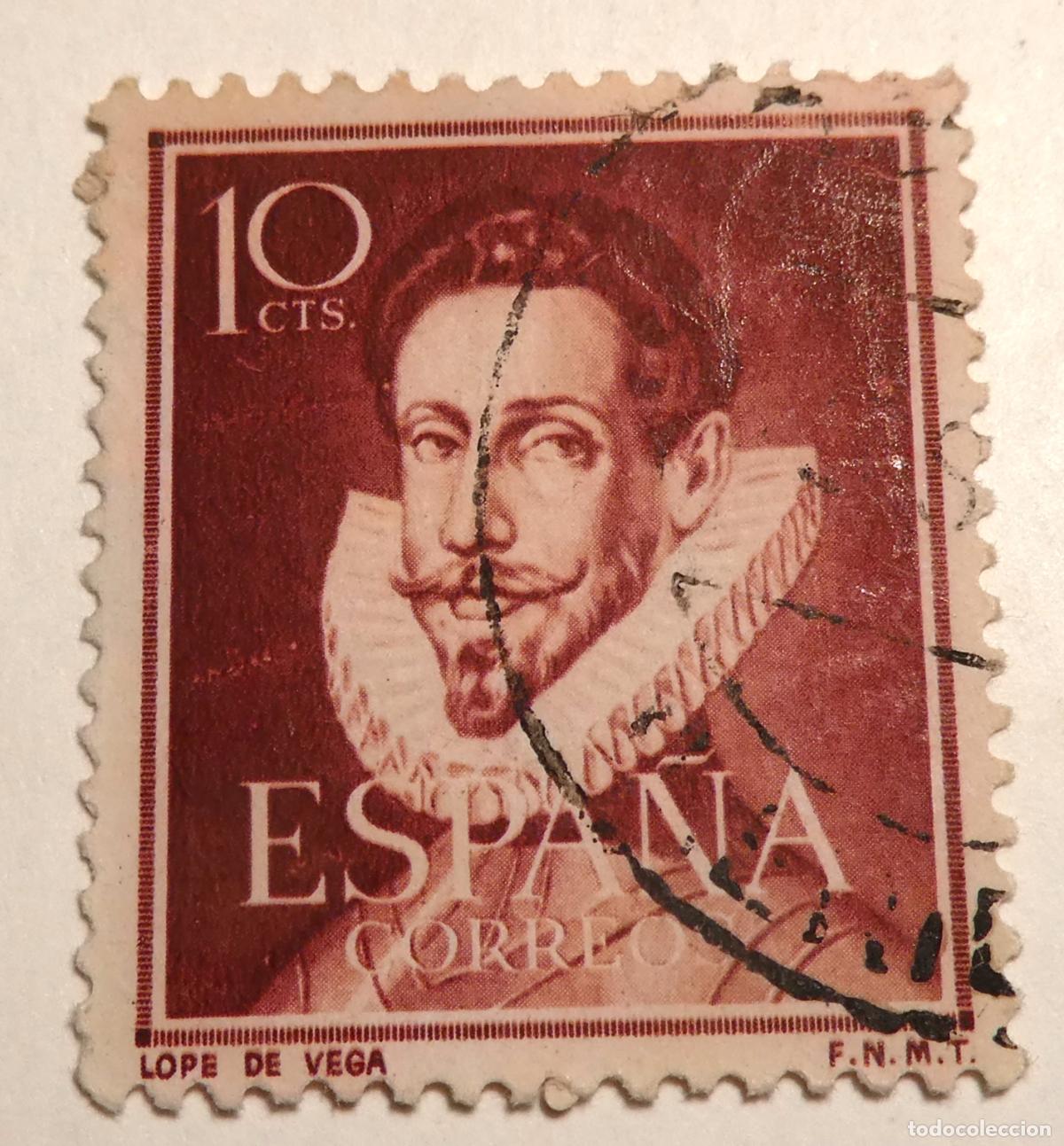 Sellos: Sello postal de Espa&ntilde;a 10 c&eacute;ntimos 1951, homenaje al c&eacute;lebre poeta y dramaturgo Lope de Vega