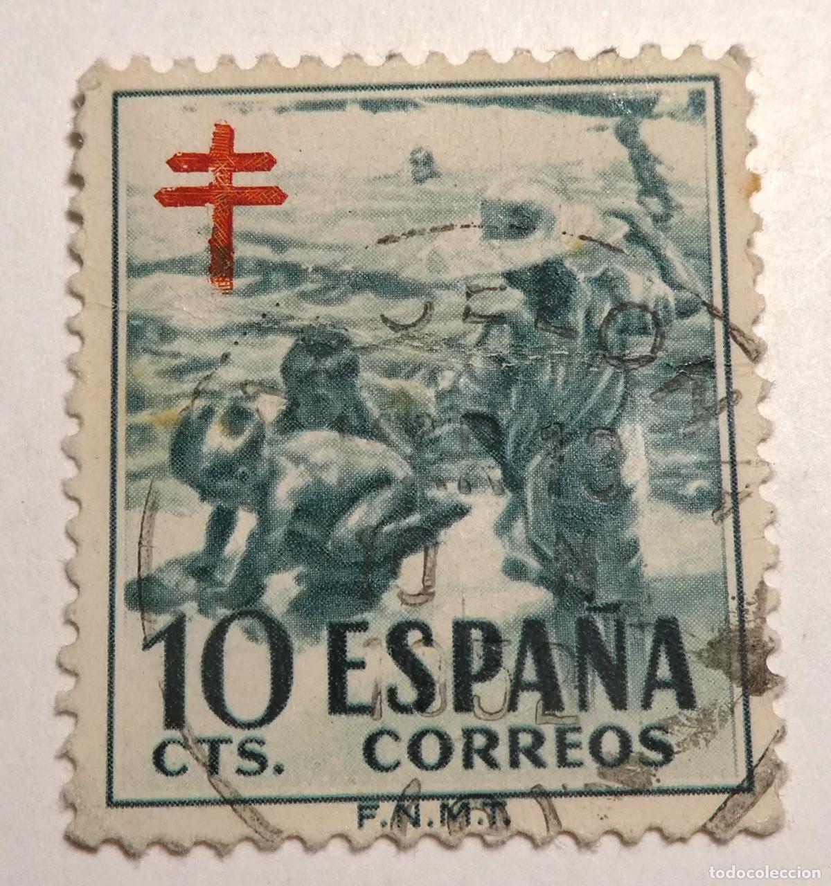 Sellos: Sello postal de Espa&ntilde;a 10 c&eacute;ntimos 1951,campa&ntilde;a pro-tuberculosos Joaqu&iacute;n Sorolla y la Cruz de Lorena