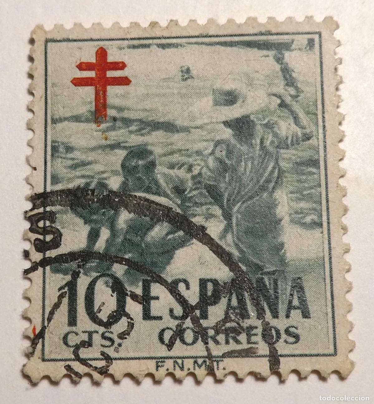 Sellos: Sello postal de Espa&ntilde;a 10 c&eacute;ntimos 1951,campa&ntilde;a pro-tuberculosos Joaqu&iacute;n Sorolla y la Cruz de Lorena