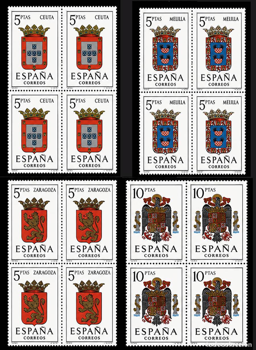 Sellos: 1966 Escudos de Zaragoza, Ceuta, Melilla y Espa&ntilde;a bloques de 4 nuevos sin charnela MNH **