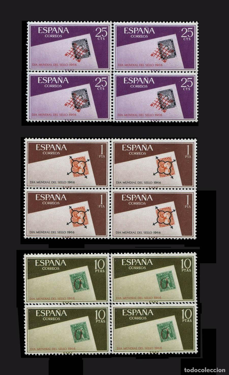 Sellos: 3 Bloques de 4 sellos Edifil 1723-1725 nuevos sin charnela MNH ** 1966 D&iacute;a Mundial del Sello