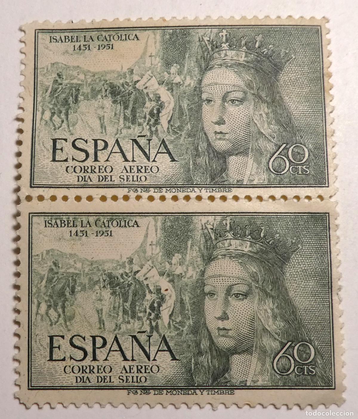 Sellos: 2 Sellos postales de Espa&ntilde;a correo a&eacute;reo 60 centimos 1951,nacimiento de Isabel la Cat&oacute;lica 1451-1951