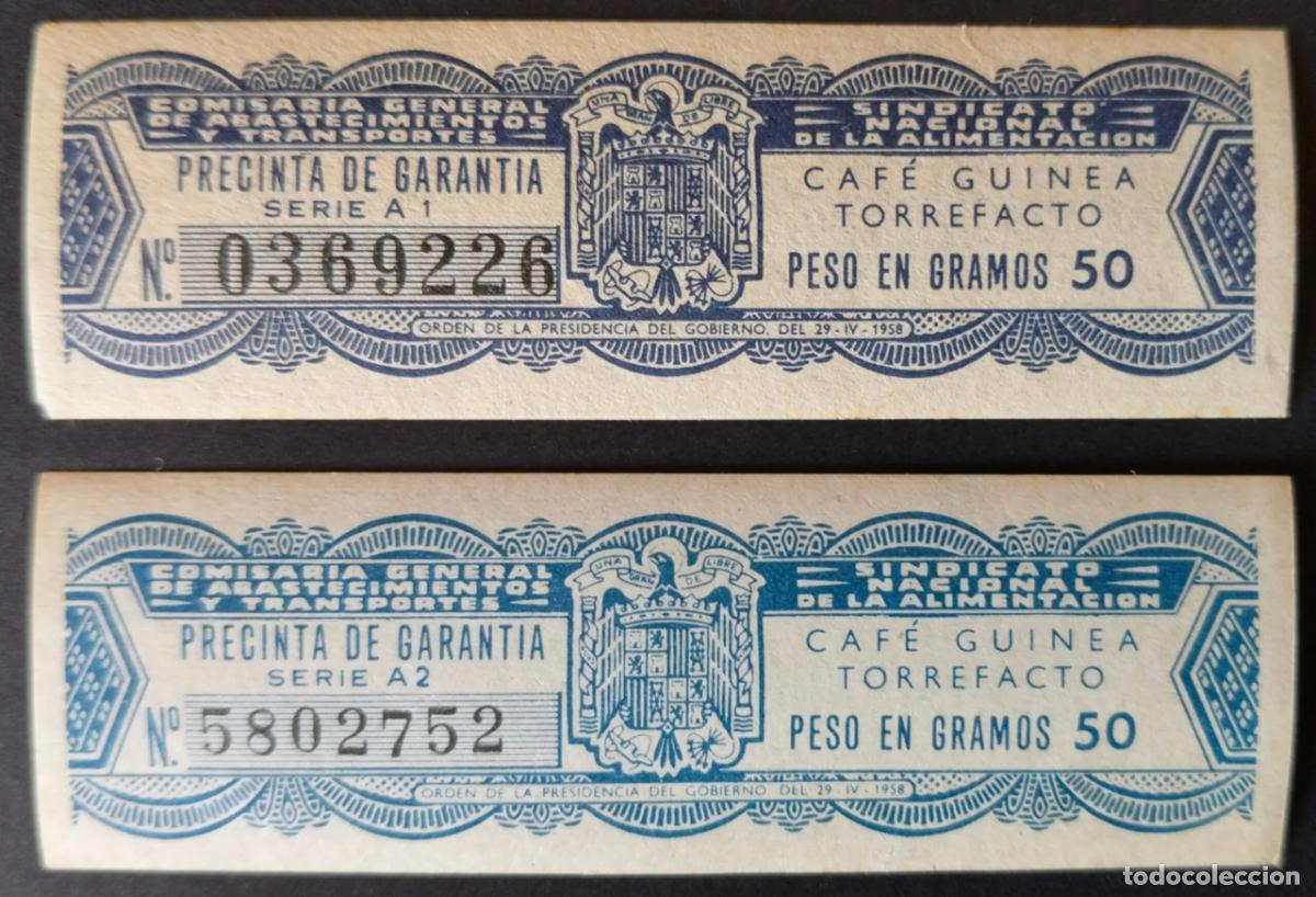 Sellos: 2 Precintas de 50 gr. de Caf&eacute; Guinea Torrefacto 1958 con variedad