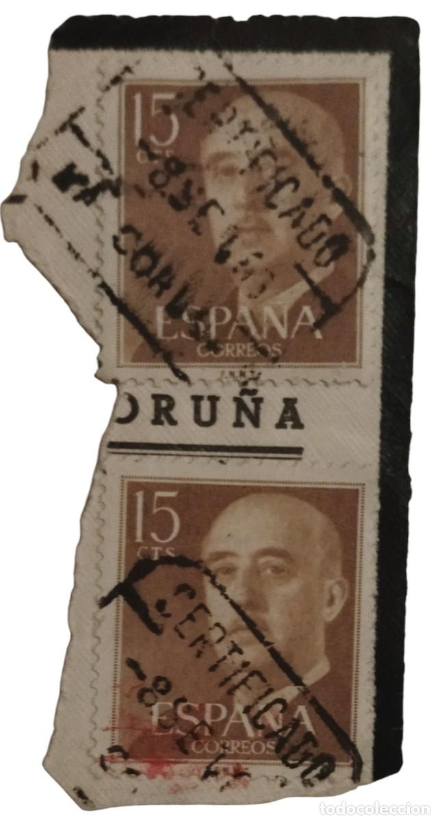 Sellos: FRANCO 1955- 1956. FRAGMENTO DE SOBRE DE LUTO. FECHADOR CERTIFICADO LA CORU&Ntilde;A USADO.
