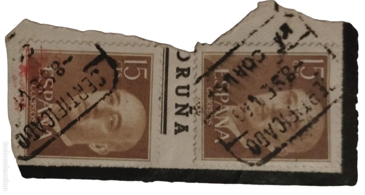 Sellos: FRANCO 1955- 1956. FRAGMENTO DE SOBRE DE LUTO. FECHADOR CERTIFICADO LA CORU&Ntilde;A USADO.