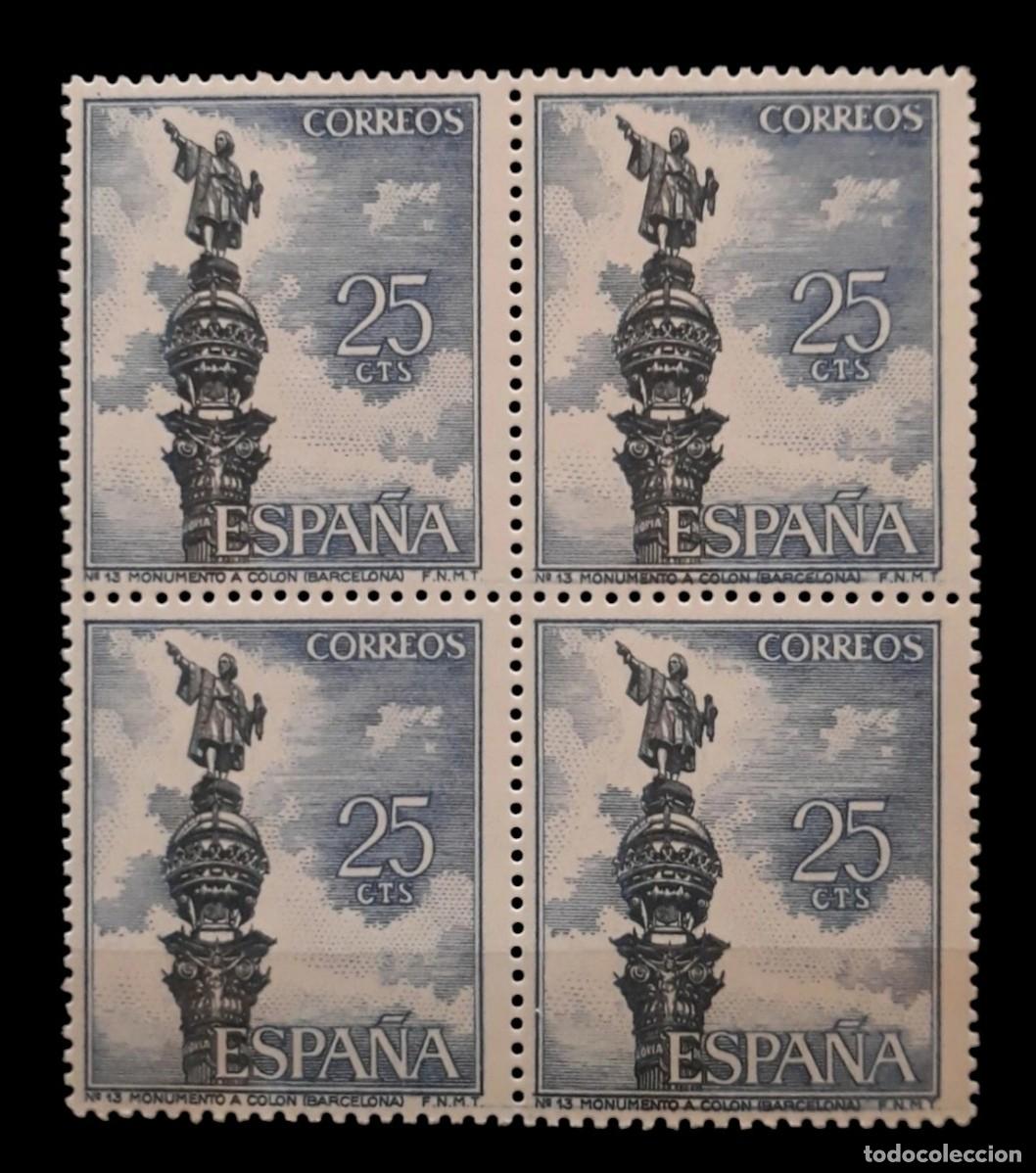 Sellos: ESPA&Ntilde;A 1965. Crist&oacute;bal Col&oacute;n. Barcelona. Monumento. Edifil N.&ordm; 1643. BLOQUE DE 4 - NUEVO - MNH.
