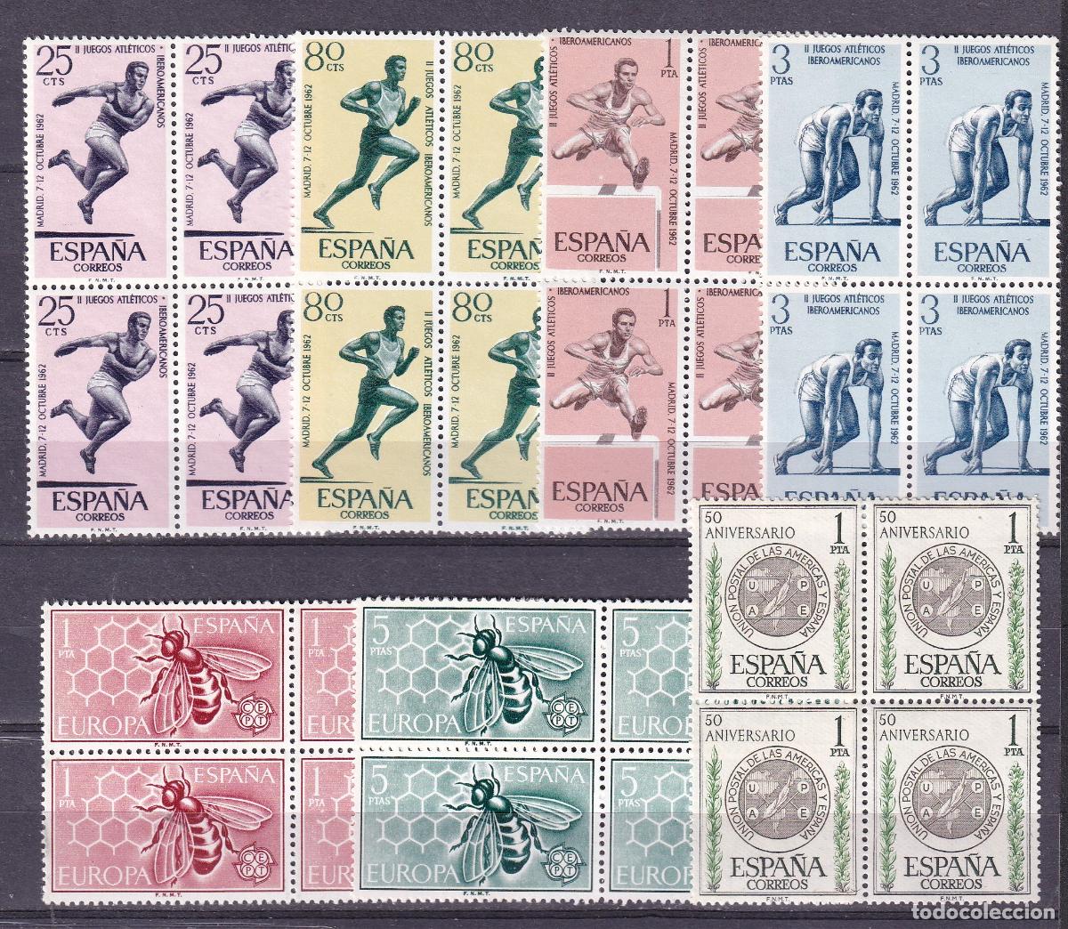 Stamps: Sellos Espa&ntilde;a A&ntilde;o 1962 edifil 1448/53 Y 62 en bloque de cuatro nuevo sin fijasello Valor cat. 11,00&euro;