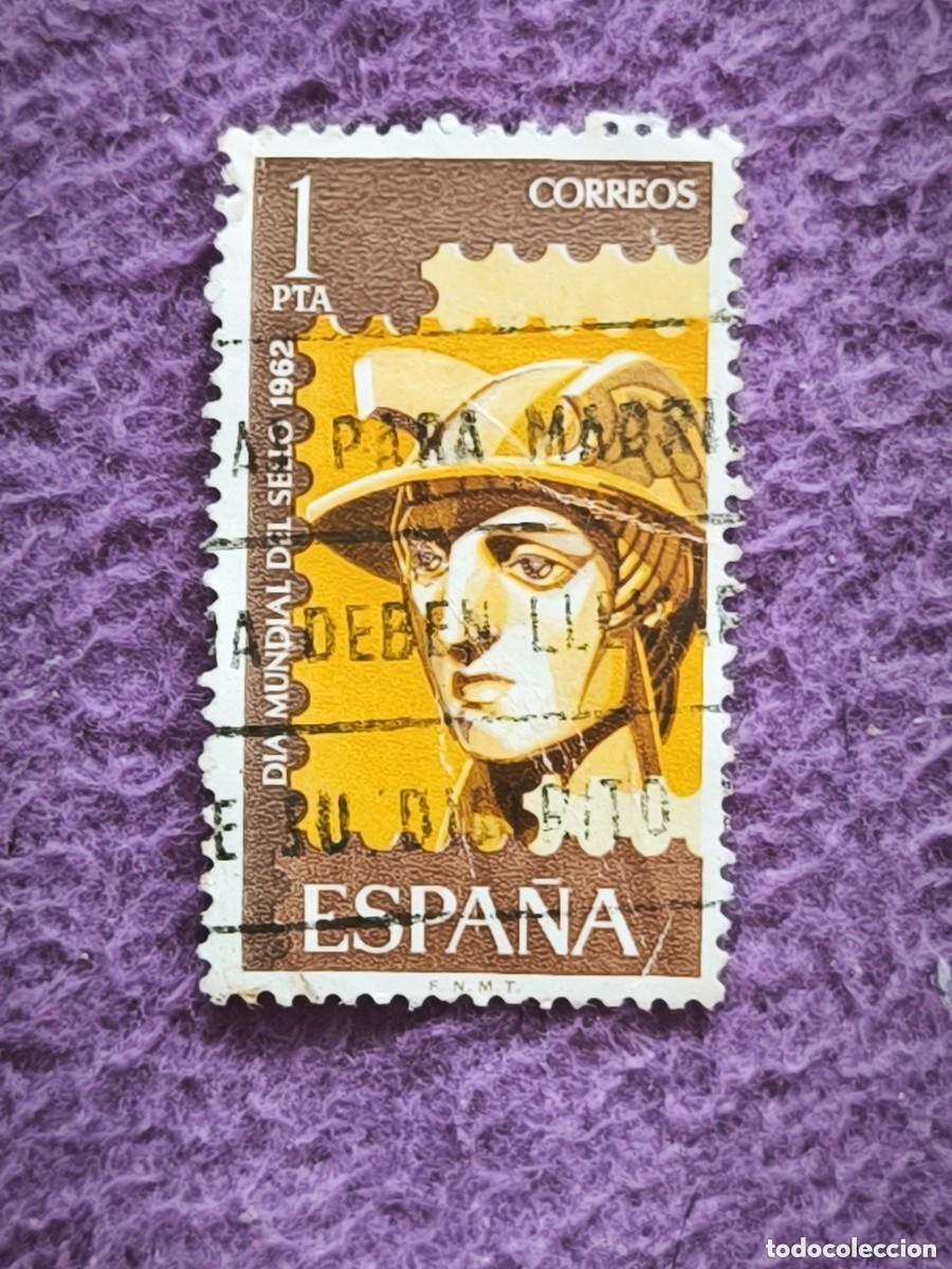 Sellos: Sello Espa&ntilde;a Correos 1 Pta &ndash; D&iacute;a Mundial Del Sello 1962, Mercurio Mensajero (F.N.M.T.)