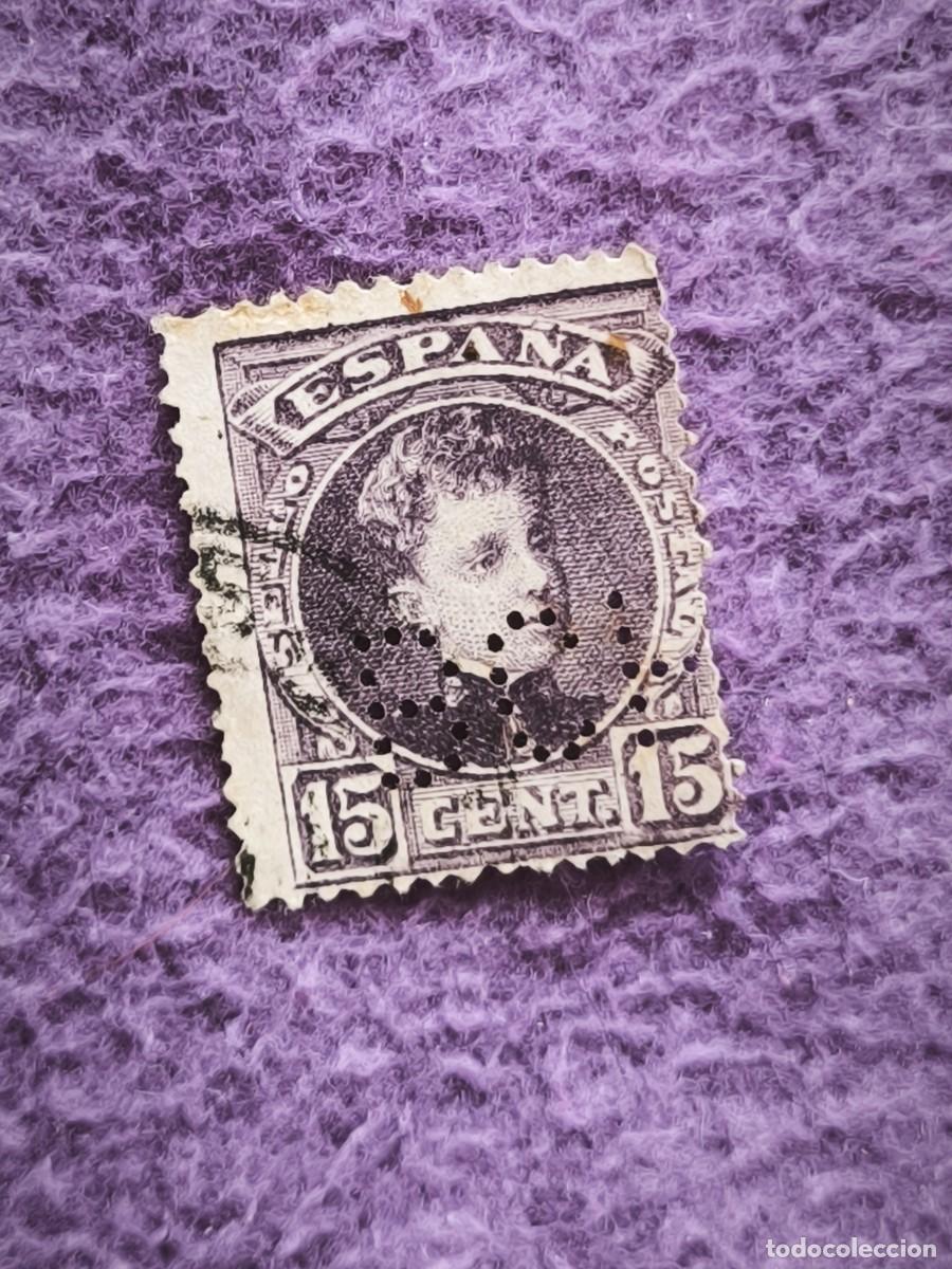 Selos: Sello Antiguo Espa&ntilde;a 15 C&eacute;ntimos &ndash; Alfonso XIII Con Perfin Perforado Cl&aacute;sico Para Coleccionar