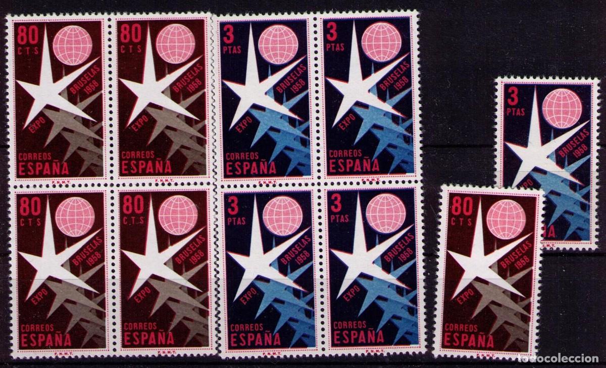 Francobolli: Sellos de Espa&ntilde;a A&ntilde;o 1958 Expo Bruselas Sellos nuevos** en bloque de 4 + 1 N&ordm; Edifil 1220/21