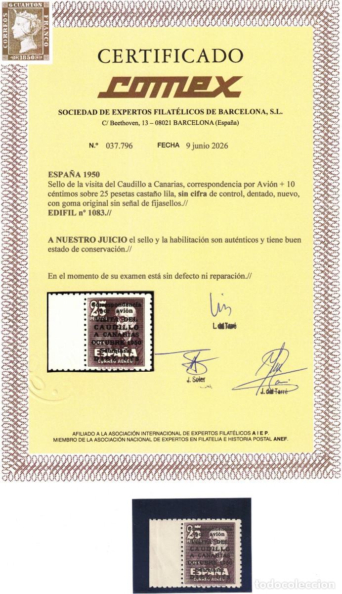 Sellos: VISITA DEL CAUDILLO A CANARIAS ** 1083 A&Ntilde;O 1950 - CERTIFICADO COMEX - LUJO - MNH