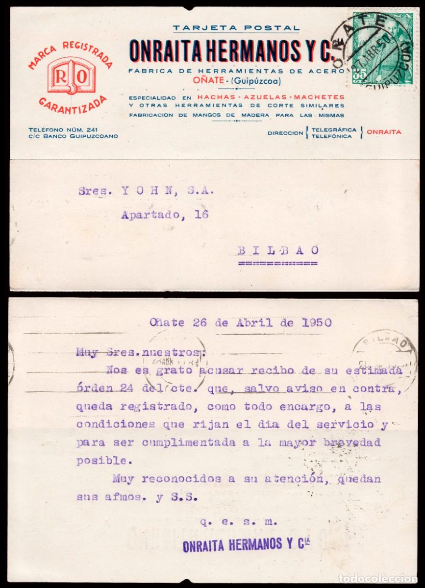 Sellos: Guip&uacute;zcoa - Edi o TP 1026 - Postal membrete &rdquo;Onraita Hermanos..&rdquo; Mat &rdquo;O&ntilde;ate 27/4/50&rdquo;