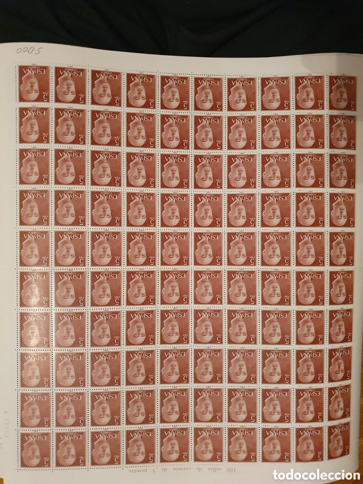 Stamps: Pliego 100 sellos de 5 pesetas Franco