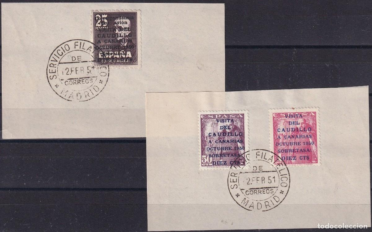Briefmarken: 1088/89 y 1090 CANARIAS con mat. Primer D&iacute;a sobre dos fragmentos. Bonito y raro.