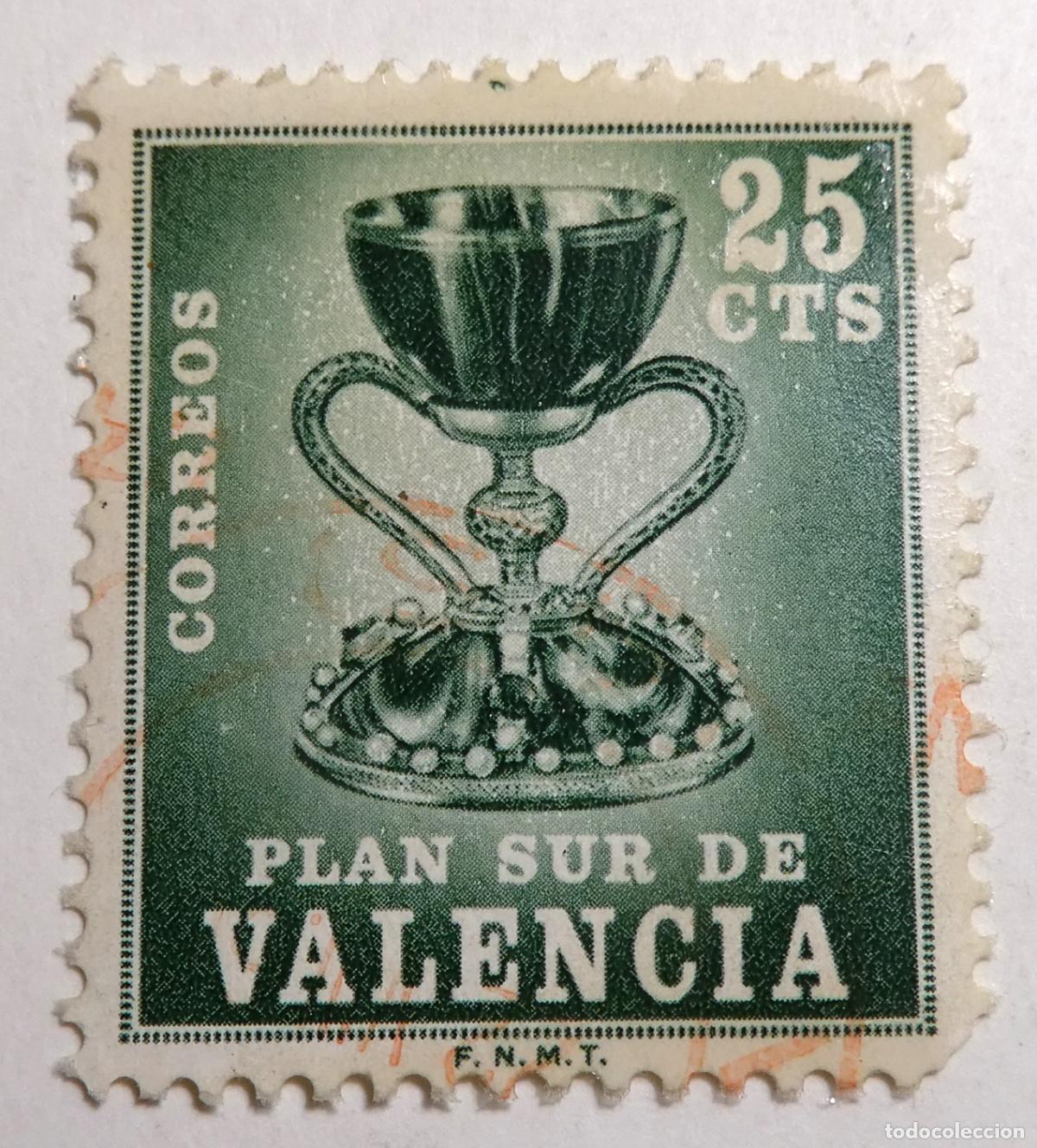Sellos: Sello postal 25 c&eacute;ntimos 1968 ,Santo Grial en conmemoraci&oacute;n del Plan Sur de Valencia