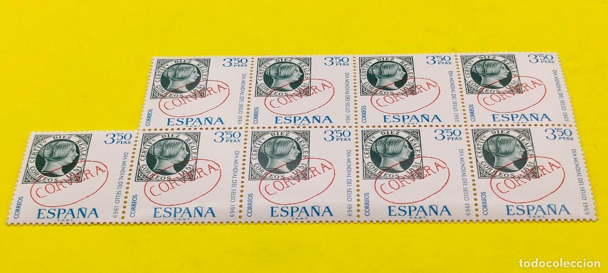 Sellos: Espa&ntilde;a 1969. Edifil 1923. D&iacute;a mundial del Sello. Marca prefilat&eacute;lica de Corvera. Nuevos. Bloque de 9