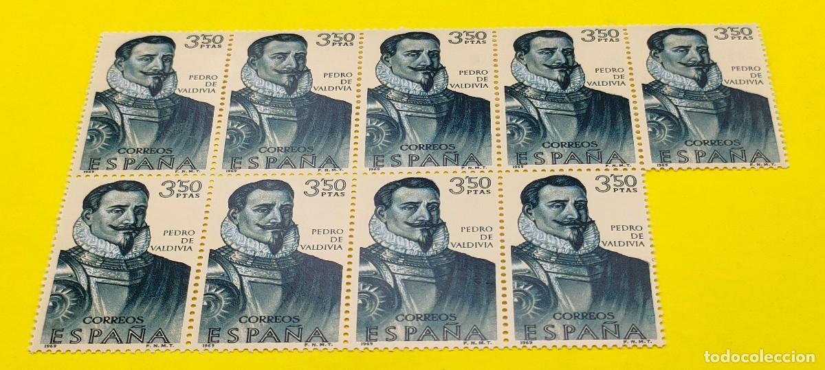 Sellos: Espa&ntilde;a 1969. Edifil 1942. Forjadores de Am&eacute;rica. Pedro de Valdivia. Nuevos. Bloque de 9