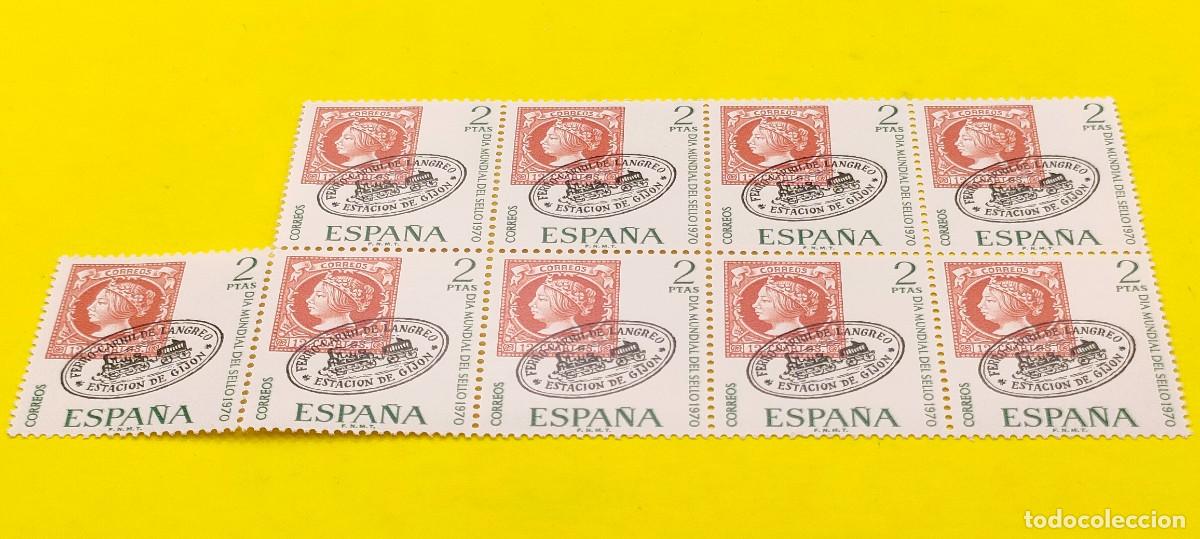 Sellos: Espa&ntilde;a 1970. Edifil 1974. D&iacute;a mundial del Sello. Matasellos FC Langreo-Gij&oacute;n. Nuevos. Bloque de 9