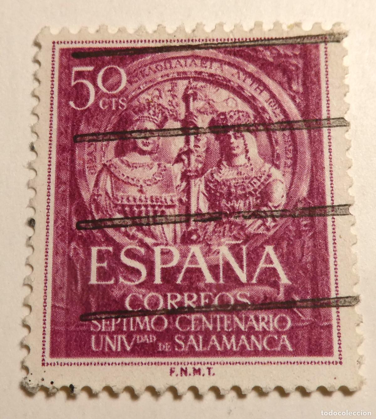 Sellos: Sello postal de Espa&ntilde;a 50 C&eacute;ntimos 1953. VII Centenario Universidad de Salamanca. Reyes Cat&oacute;licos.
