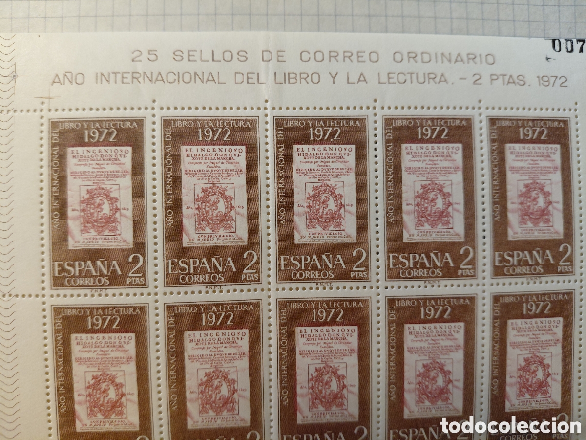 Sellos: Pliego 25x2 ptas a&ntilde;o internacional del libro 1972