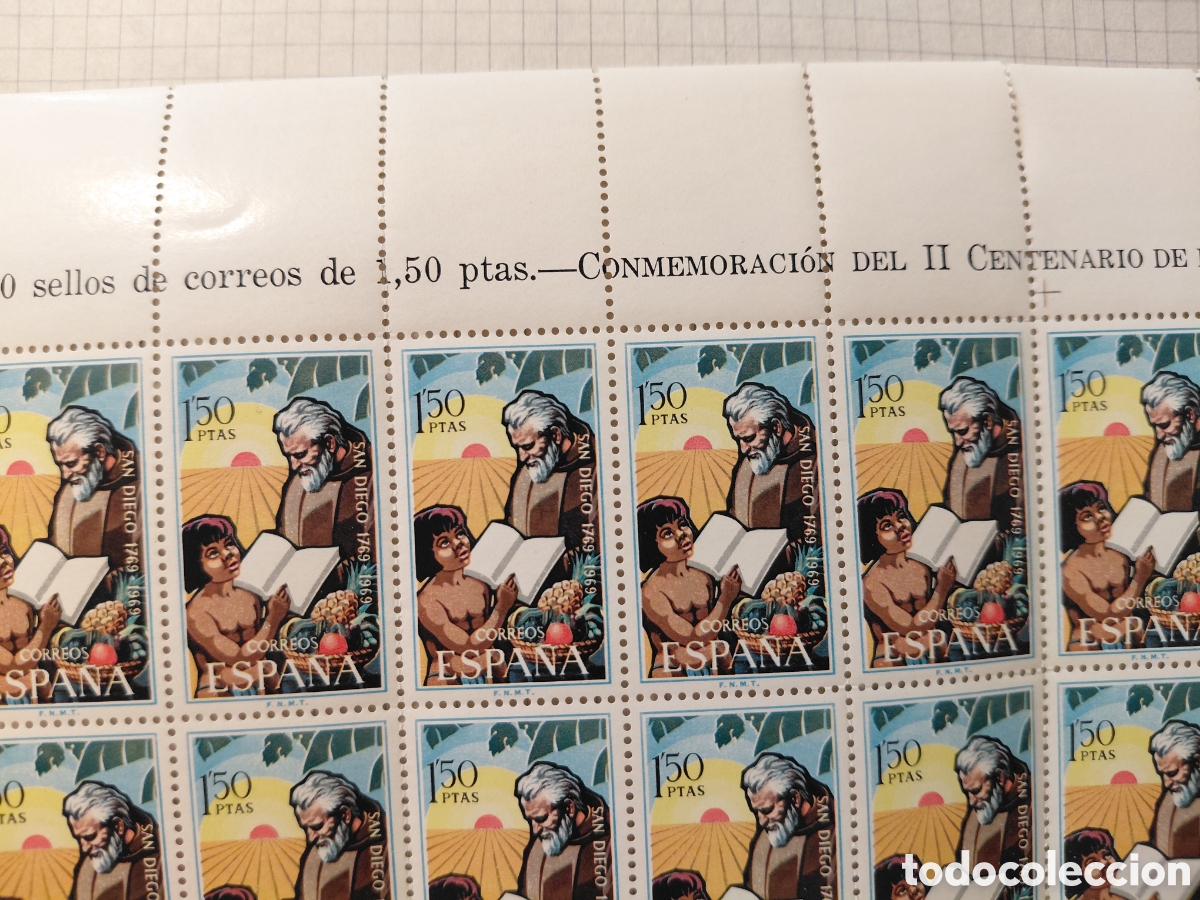 Sellos: Pliego 50x1,50 ptas II centenario fundaci&oacute;n de S. Diego 1969