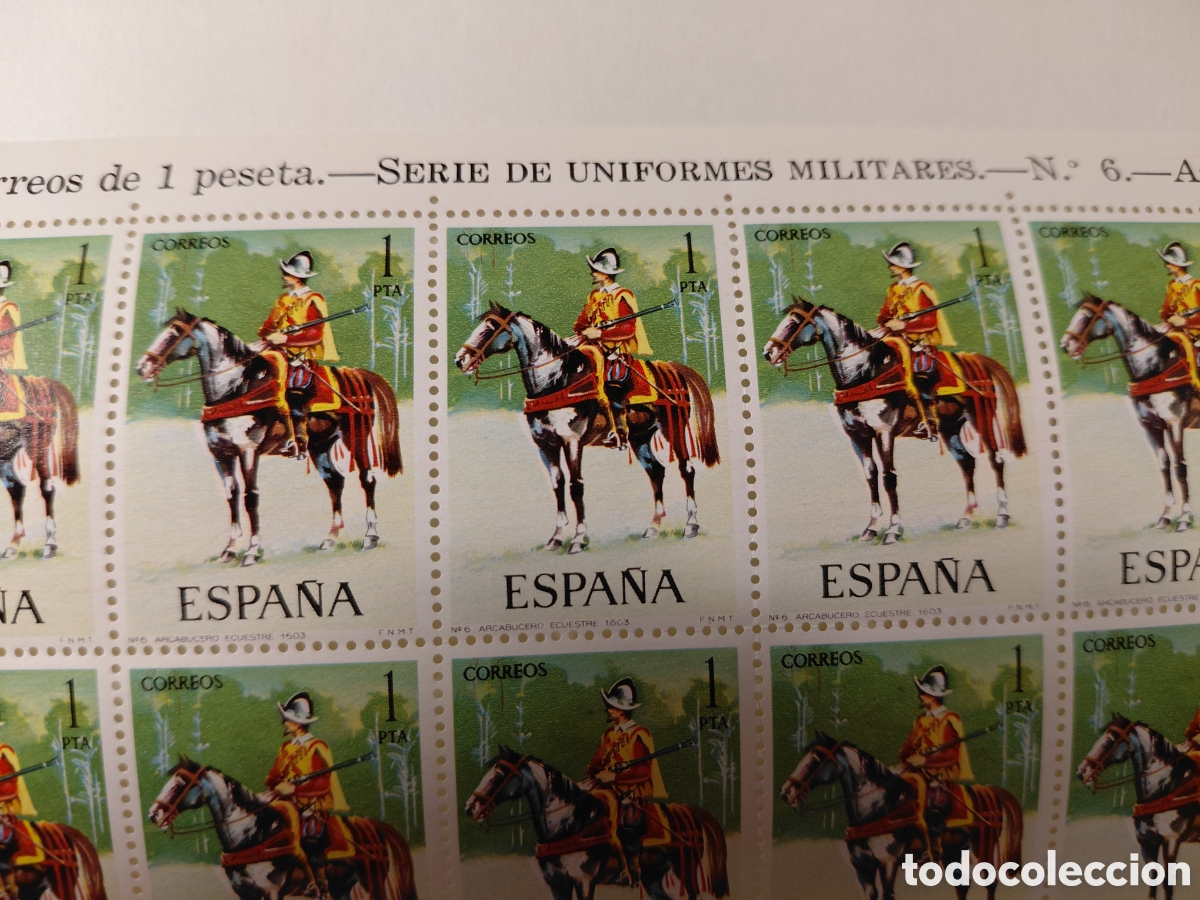 Sellos: Pliego 80x1 pta arcabucero ecuestre 1974