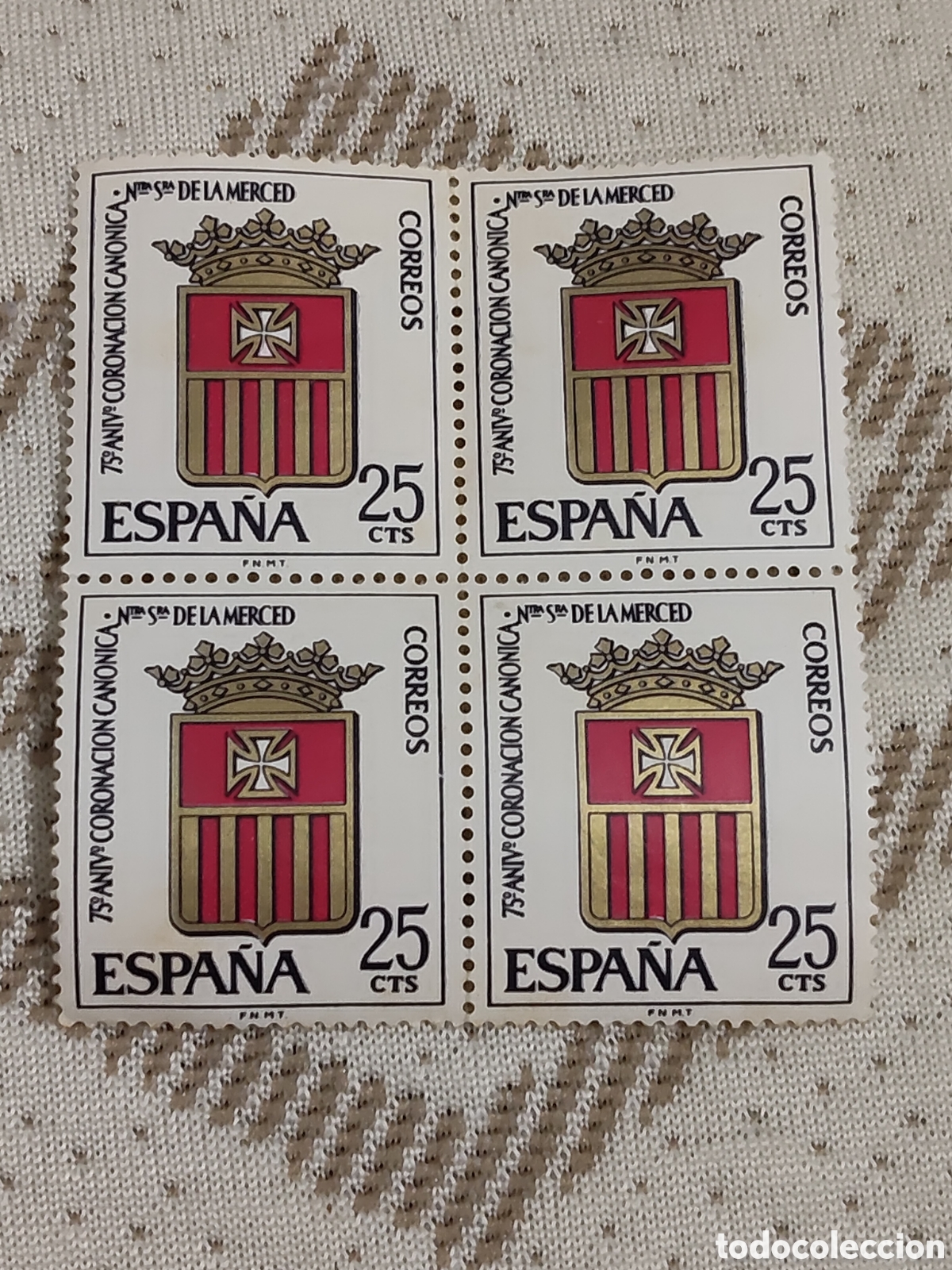 Sellos: Bloque de 4 sellos de Espa&ntilde;a 75 aniversario de la Coronacion Can&oacute;nica Ntra Sra de la Merced 1963