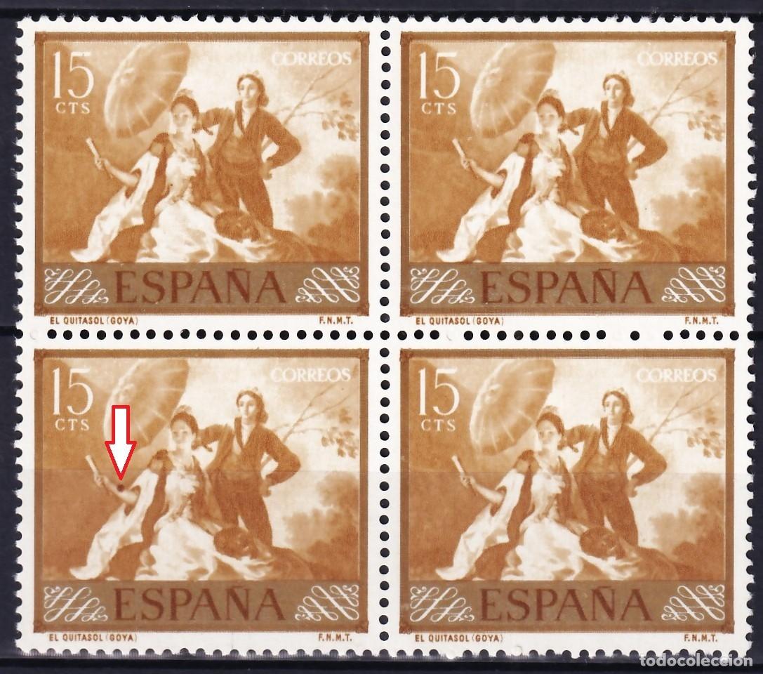 Sellos: ESPA&Ntilde;A, 1958 EDIFIL N&ordm; 1210t+1210 [Bloque de cuatro, un sello, Punto oscuro en el brazo de la maja.]