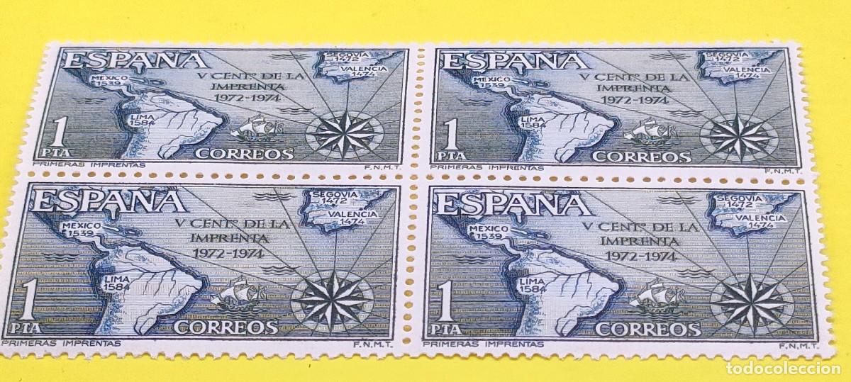 Sellos: Espa&ntilde;a 1973. Edifil 2164. V centenario de la imprenta. Primeras imprentas. Nuevos. Bloque de 4