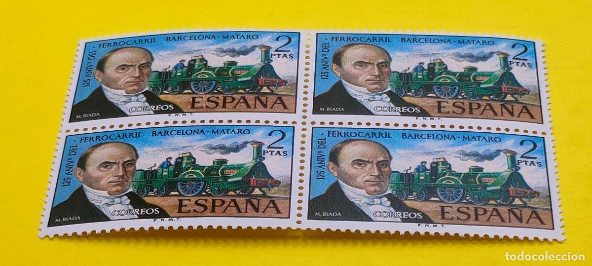 Sellos: Espa&ntilde;a 1974. Edifil 2173. 125 aniv. Ferrocarril Barcelona-Matar&oacute;. M. Biada. Nuevos. Bloque de 4