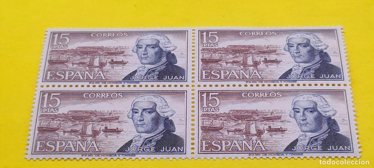 Sellos: Espa&ntilde;a 1974. Edifil 2182. Personajes espa&ntilde;oles. Jorge Juan. Nuevos. Bloque de 4