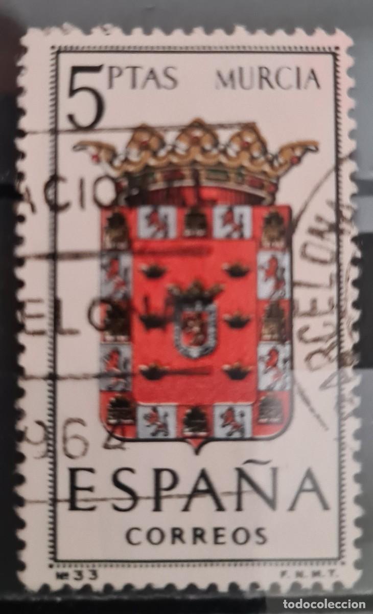 Sellos: Sello usado de Espa&ntilde;a 1964. Escudos provinciales: Murcia