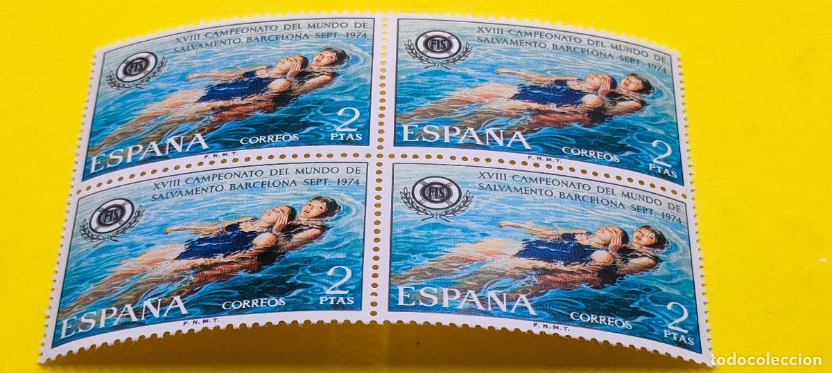 Sellos: Espa&ntilde;a 1974. Edifil 2202. XVIII Campeonato del Mundo Salvamento Acu&aacute;tico. Nuevos. Bloque de 4