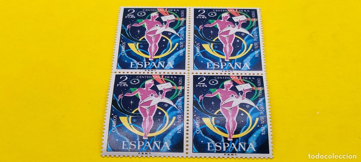 Sellos: Espa&ntilde;a 1974. Edifil 2211. Centenario Uni&oacute;n Postal Universal. Alegor&iacute;a. Nuevos. Bloque de 4
