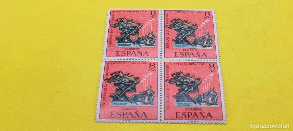 Sellos: Espa&ntilde;a 1974. Edifil 2212. Cent. Uni&oacute;n Postal Universal. Monumento UPU, Berna. Nuevos. Bloque de 4