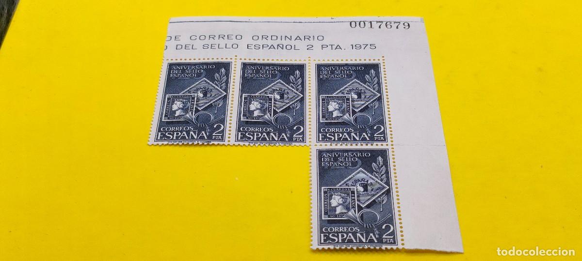 Sellos: Espa&ntilde;a 1975. Edifil 2232. 125 aniversario del sello espa&ntilde;ol. Alegor&iacute;as. Nuevos. Bloque de 4