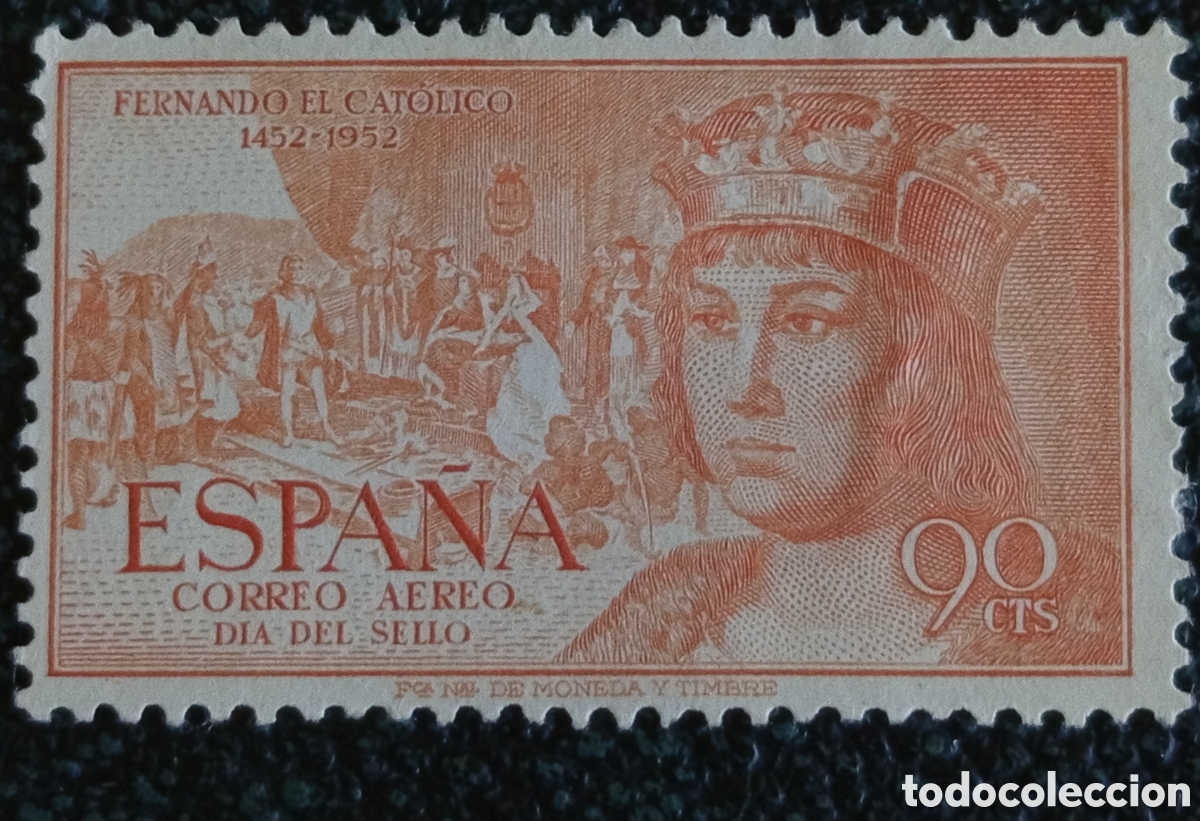 Sellos: Sello Espa&ntilde;a 1952 Fernando El Cat&oacute;lico A&eacute;reo 90 C&eacute;ntimos Edifil 1112 MH