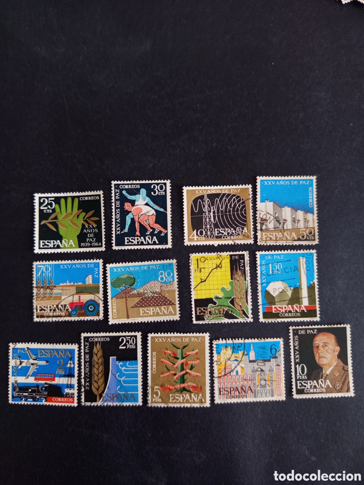 Sellos: Espa&ntilde;a, 1964. XXV A&ntilde;os de Paz Espa&ntilde;ola. Edifil 1576/85 y 1587/9. Pedido m&iacute;nimo 3 &euro;. Ver fotos.