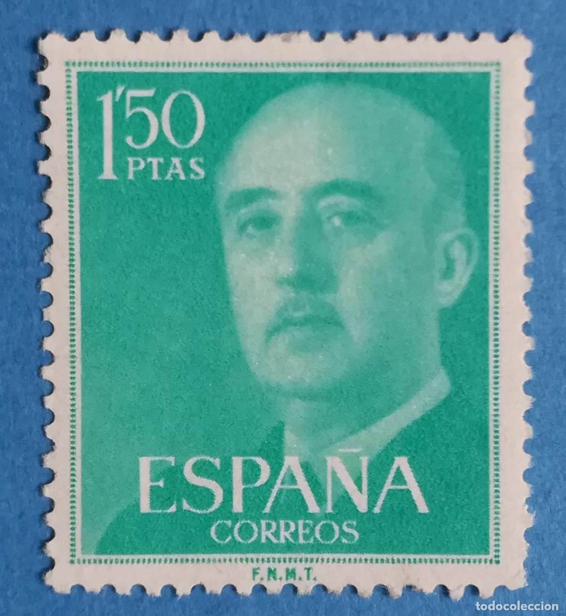 Sellos: Sello de Francisco Franco color verde azulado, de 1,50 ptas. Edifil 1155. Nuevo sin fijasellos.