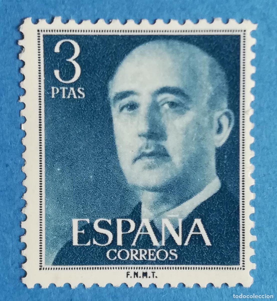 Sellos: Sello de Francisco Franco color azul, de 3 ptas. Edifil 1159. Nuevo sin fijasellos.