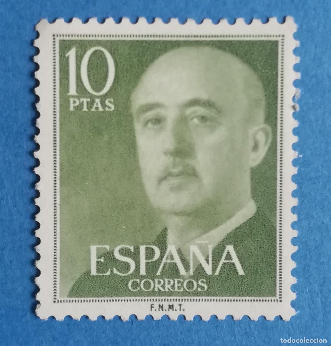 Sellos: Sello de Francisco Franco color verde amarillo, de 10 ptas. Edifil 1163. Nuevo sin fijasellos.