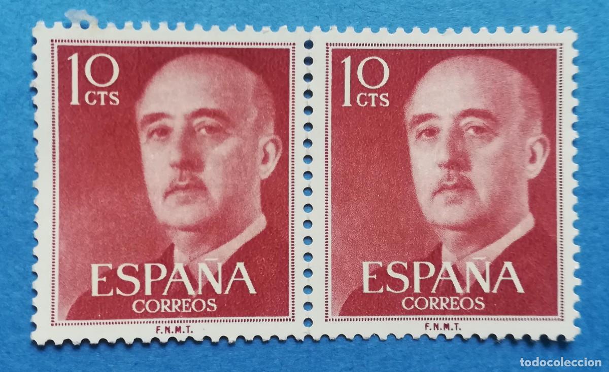 Sellos: Francisco Franco color rojo burdeos, de 10 cts. Bloque de 2. Edifil 1143. Nuevo sin fijasellos.