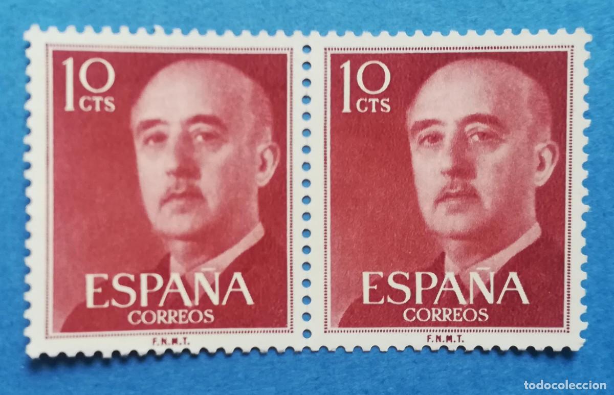 Sellos: Francisco Franco color rojo burdeos, de 10 cts. Bloque de 2. Edifil 1143. Nuevo sin fijasellos.