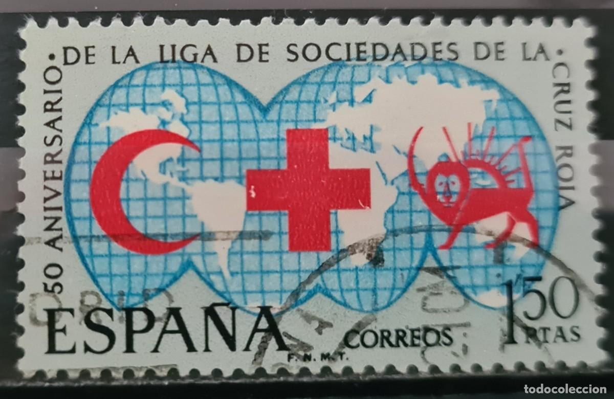 Stamps: Sello usado de Espa&ntilde;a 1969: Cincuentenario de la Liga de las sociedades de Cruz-Roja