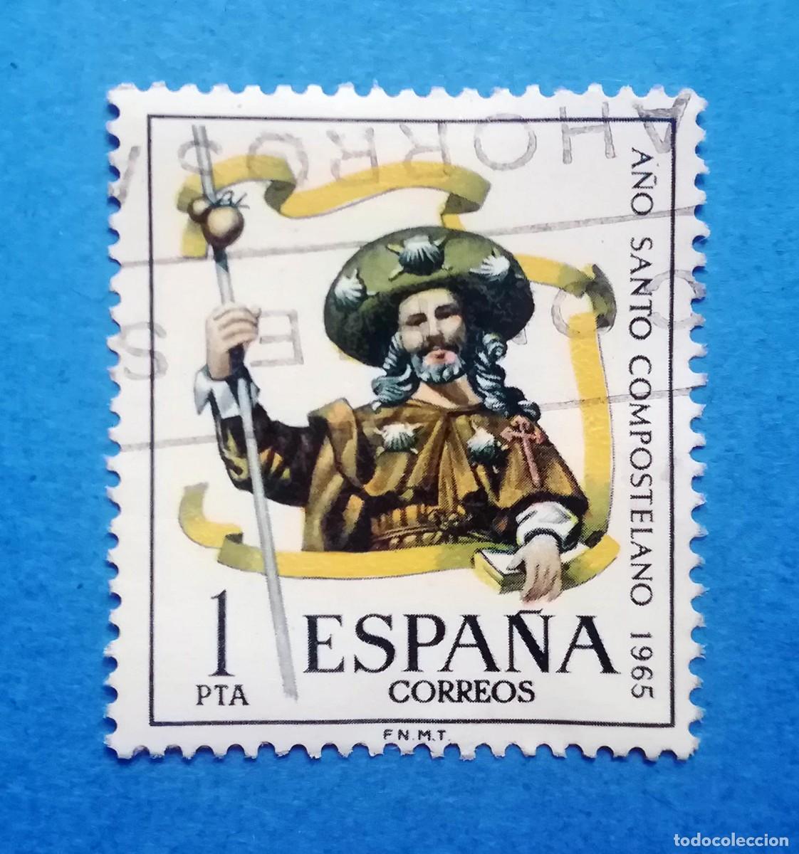 Sellos: Edifil 1672. A&ntilde;o Santo Compostelano. Ap&oacute;stol Santiago. Sello 1 pta. 1965. Usado, sin fijasellos.