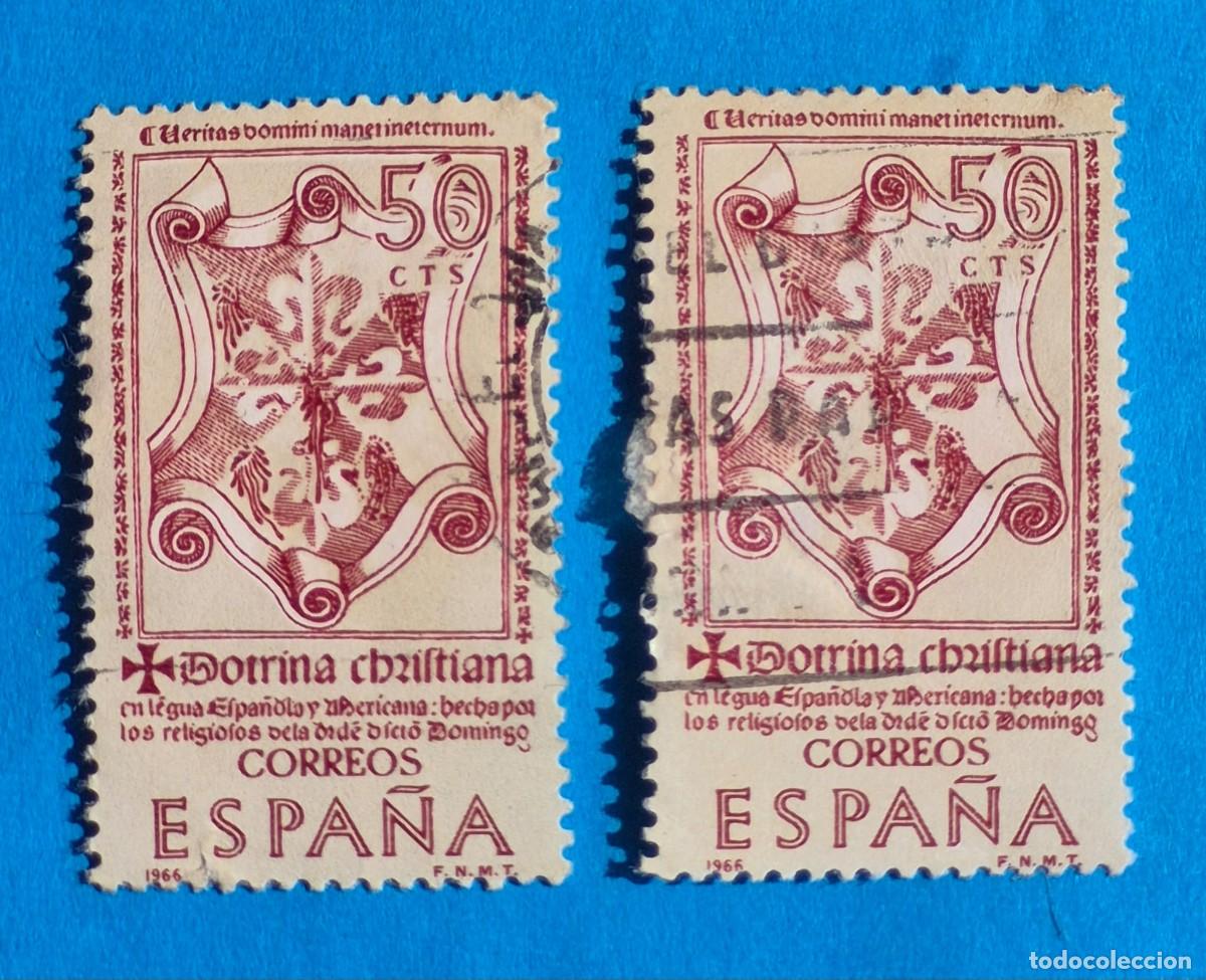 Sellos: FORJADORES DE AMERICA&ndash;DOCTRINA CRISTIANA-50 cts.&ndash;ESPA&Ntilde;A 1966-EDIFIL 1751 usado-lote 2 sellos