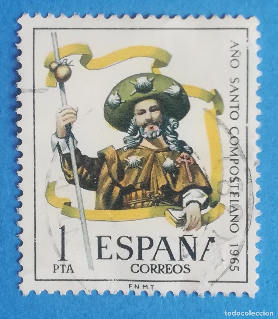 Sellos: Edifil 1672. A&ntilde;o Santo Compostelano. Ap&oacute;stol Santiago. Sello 1 pta. 1965. Usado, sin fijasellos.