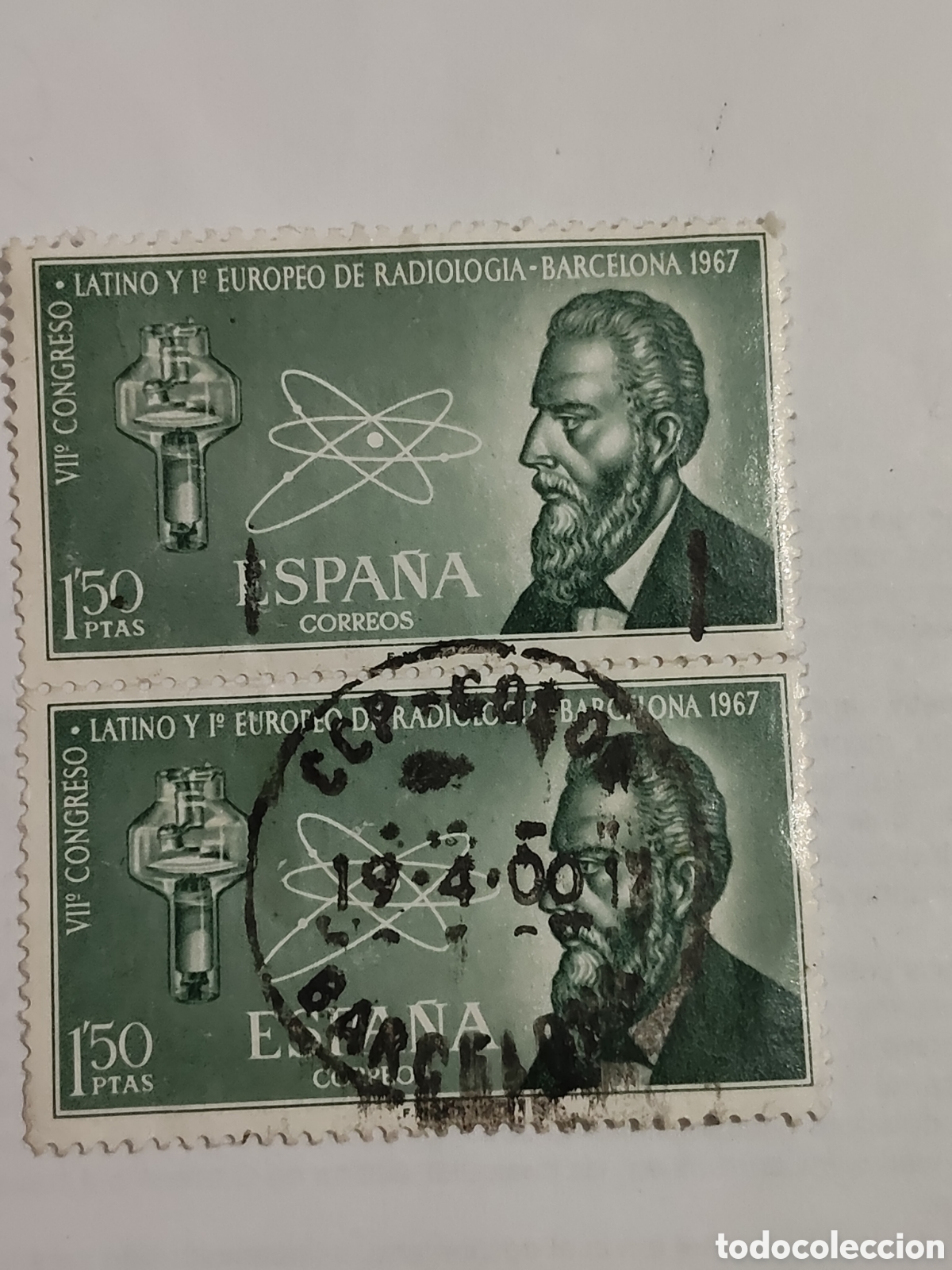 Sellos: Bloque de 2 sellos de Espa&ntilde;a Vll congreso latino y l europeo de radiolog&iacute;a Barcelona 1967
