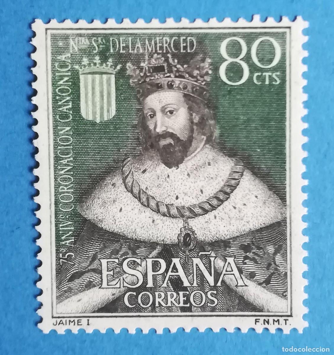 Sellos: 75 aniversario coronaci&oacute;n can&oacute;nica Ntra. Sra. de la Merced. Jaime I. Edifil 1522. Sin fijasellos.