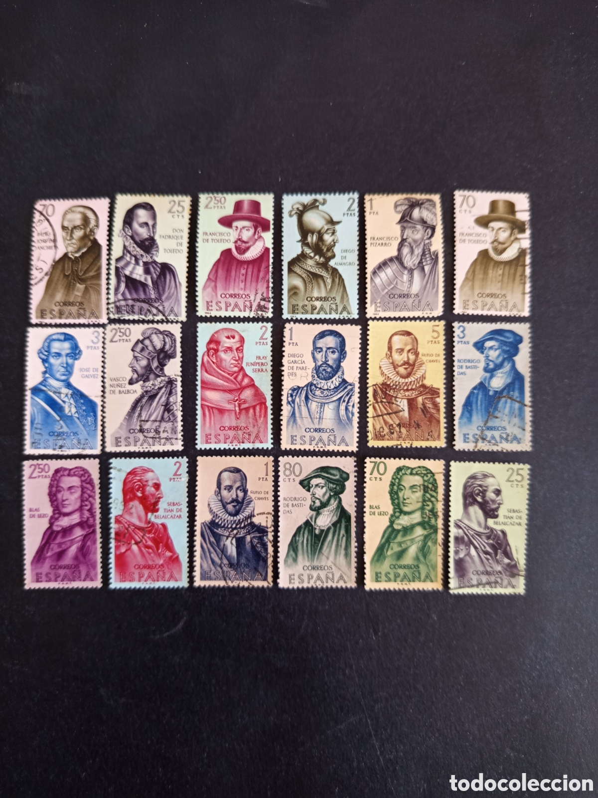 Sellos: Espa&ntilde;a. Lote de 54 sellos distintos. Forjadores de Am&eacute;rica e Hispanidad. Pedido m&iacute;nimo 3 &euro;. Ver foto